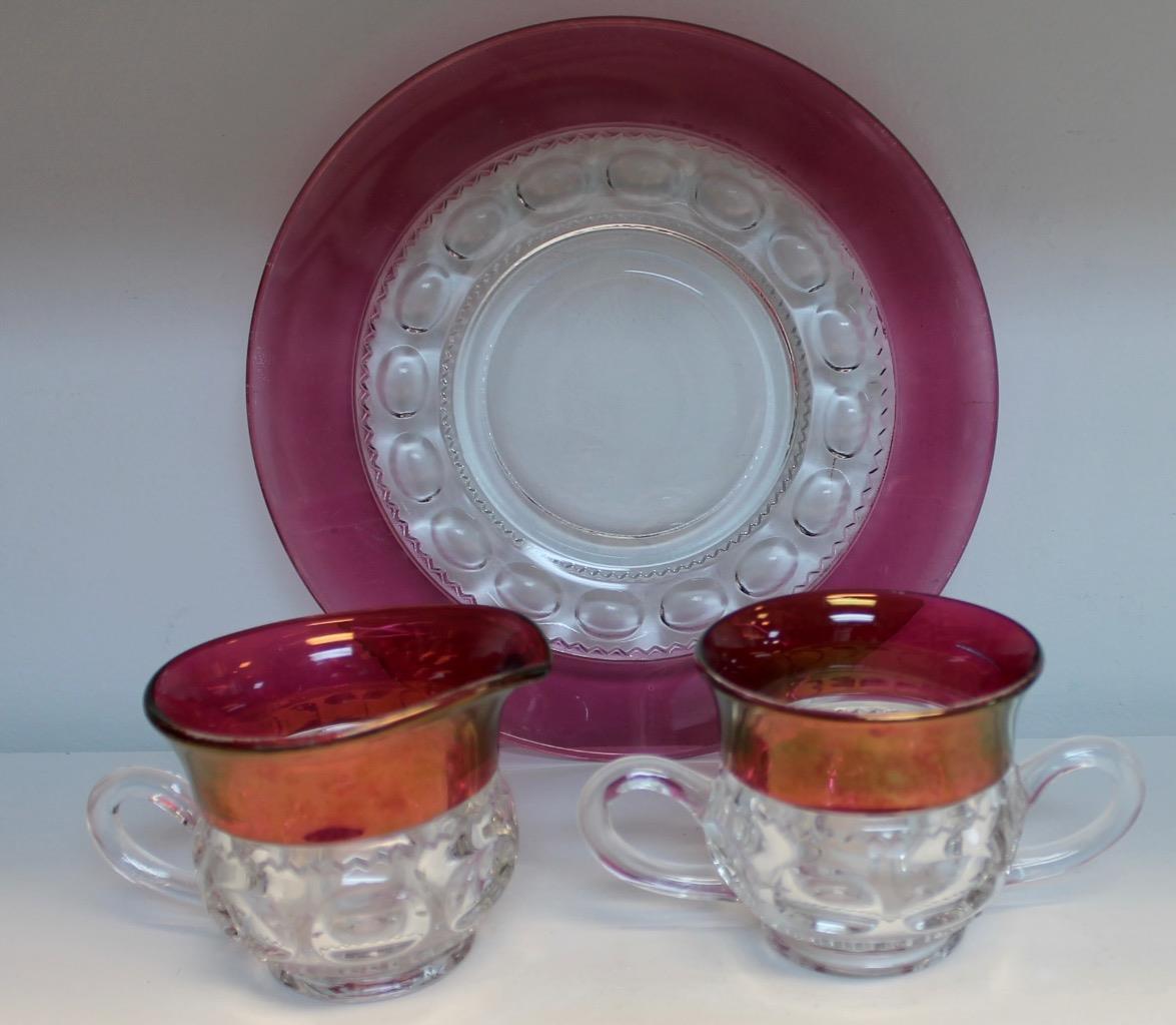 Indiana Glass Ruby Red Flash Kings Crown Thumbprint Creamer Sugar +Dessert Plate