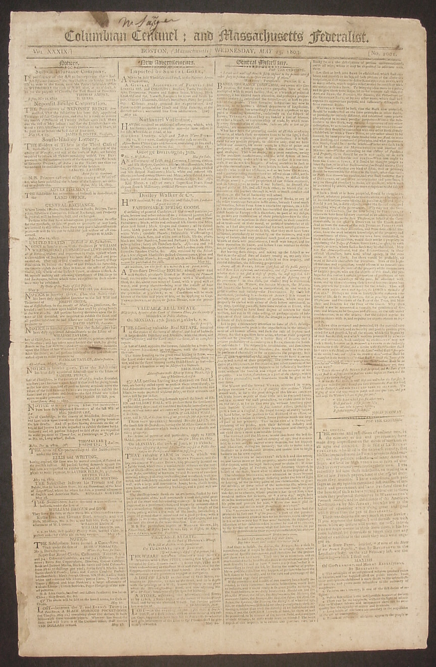 1803 The Columbian Centinel; and Massachusetts Federalist Newspaper, Original 1803 The Columbian Centinel; and Massachusetts Federalist Newspaper, Original