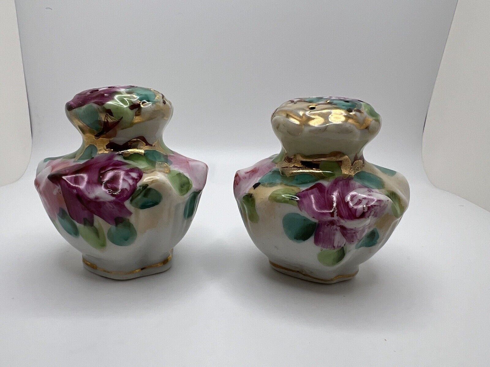 Vtg. Japanese Hand-painted Salt and Pepper Shakers Floral w/Gold Accents
