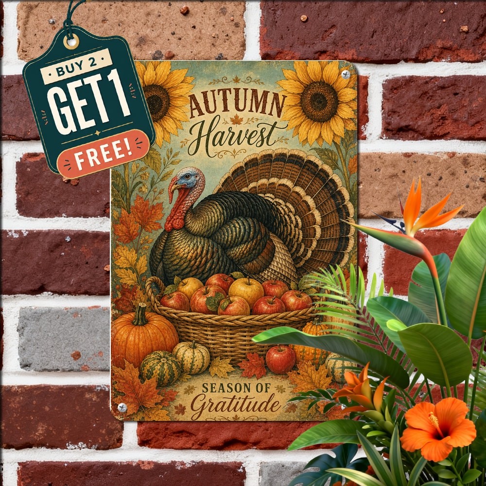 Fall Turkey Thanksgiving Sign Rustic Autumn Holiday Dinner Metal Tin Plaque