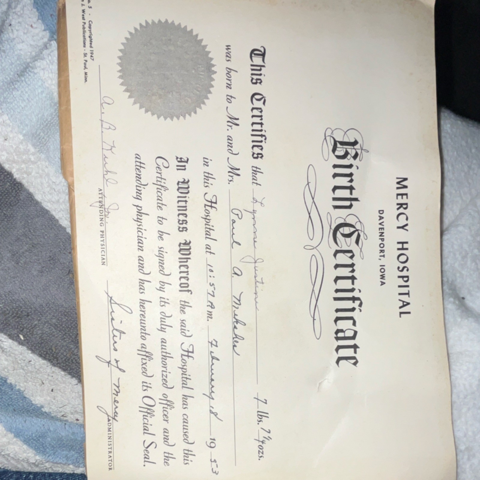 Mercy Hospital Davenport Iowa 1933 Birth Certificate Handwritten Document Mercy Hospital Davenport Iowa 1933 Birth Certificate Handwritten Document