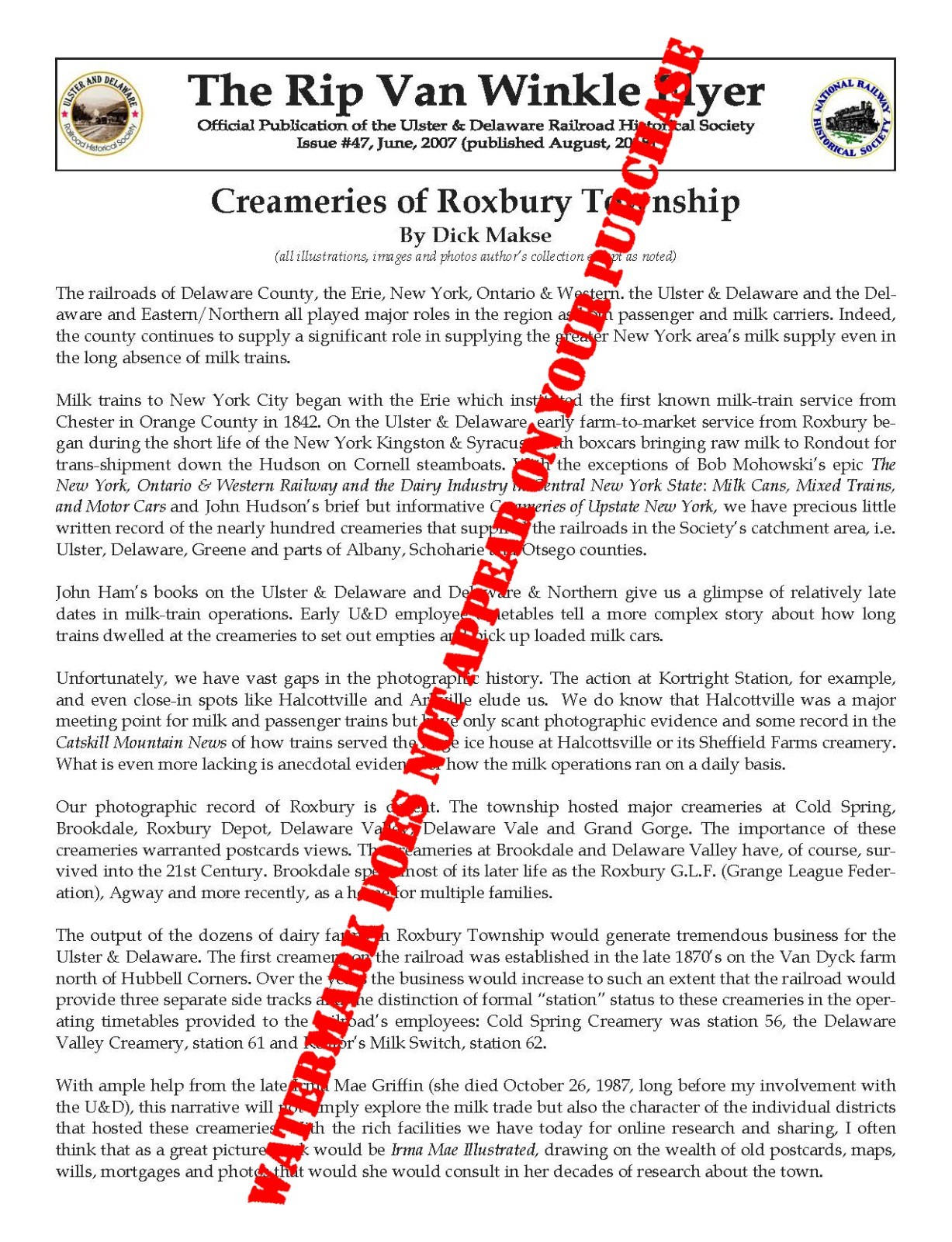 Creameries of Roxbury Twp NY Catskill Mountains 20 pgs 2007 Ulster & Delaware RR