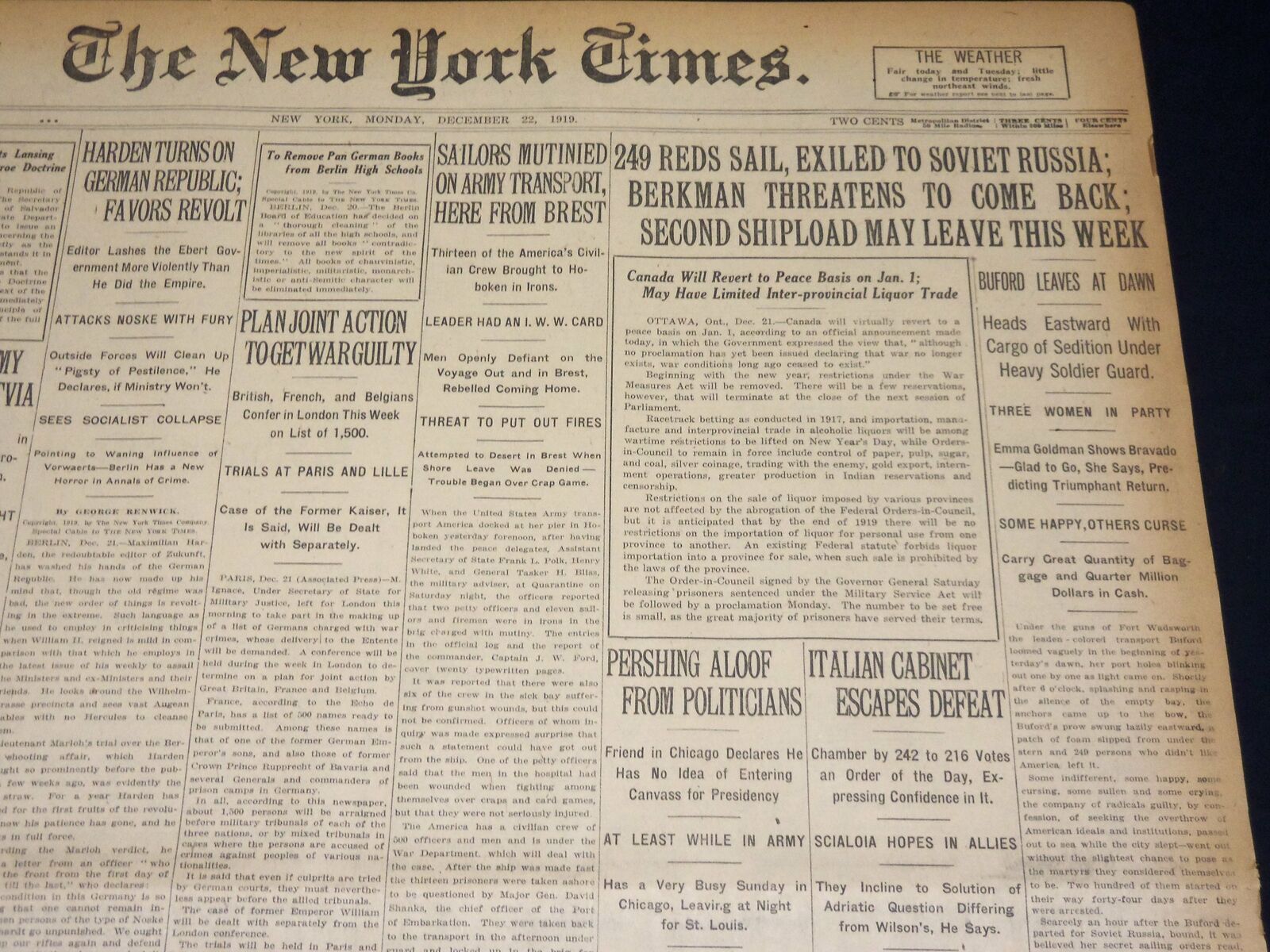 1919 DEC 22 NEW YORK TIMES- EMMA GOLDMAN & REDS EXILED TO SOVIET RUSSIA- NT 8535