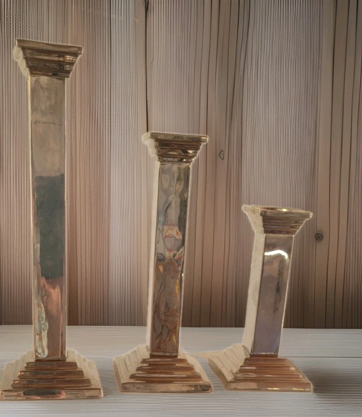 Nice Set  Of 3 decending size Square Shape Candle Holders Rare. Heavy 