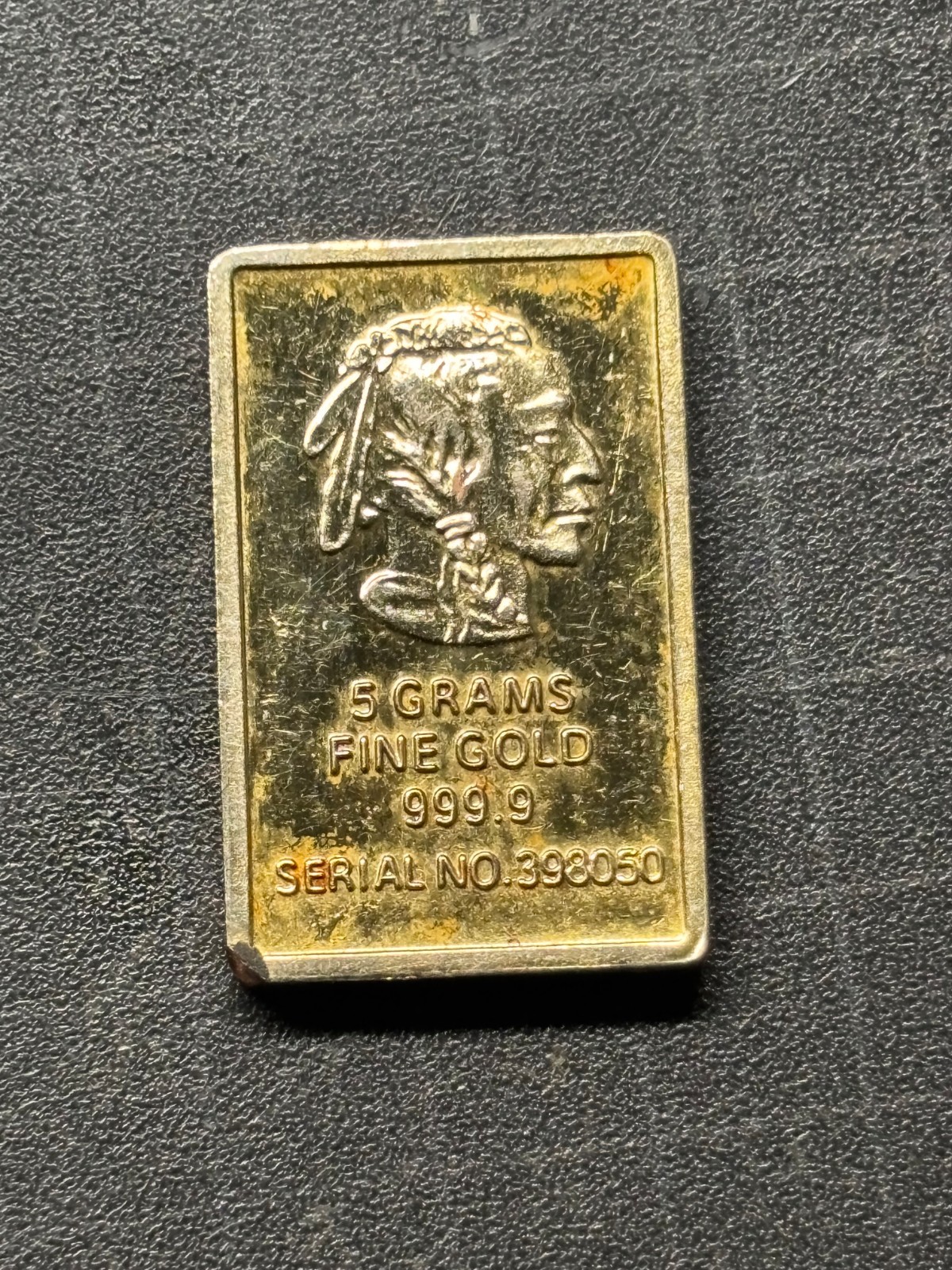 5 Gram 999.9 fine gold bar PLATED REPLICA Buffalo Indian head NOVELTY GAG GIFT