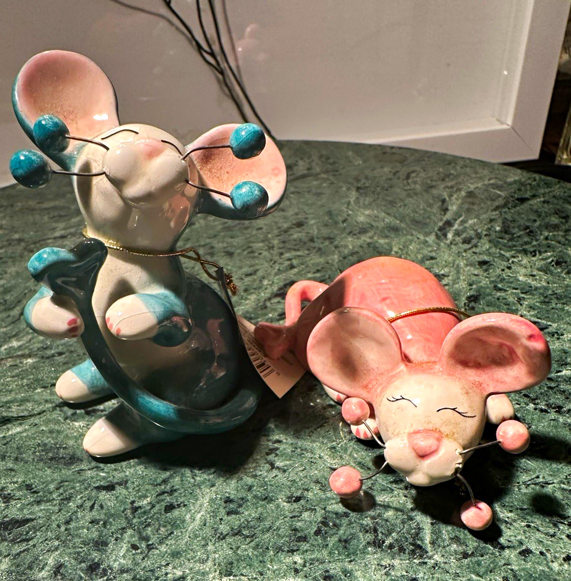 WhimsiClay by Amy Lacombe Clay Mouse Ornaments Set of 2 Blue Pink 2004