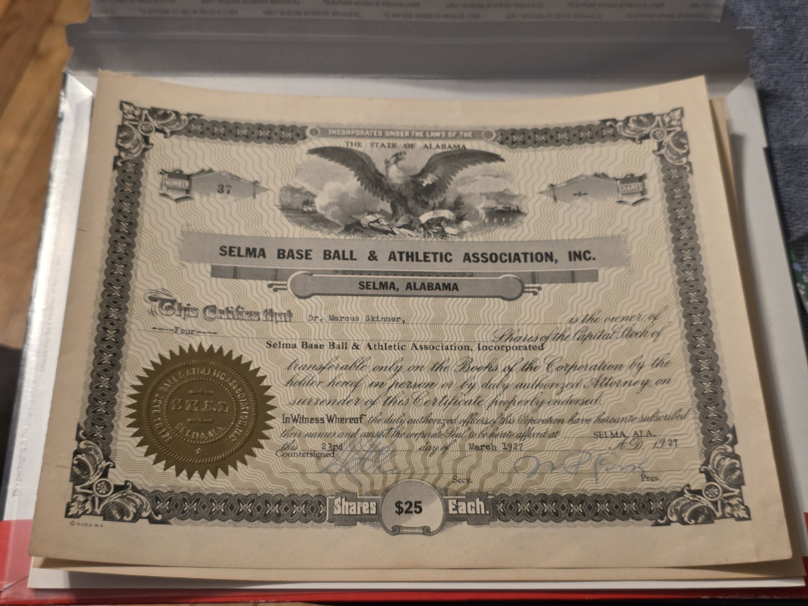 Vintage Selma Base Ball and Athletic Association 1927 dated Stock Certificate