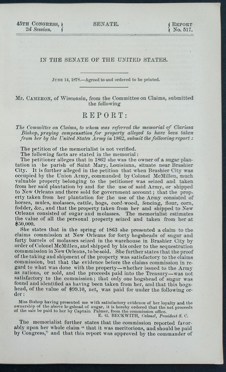 1878 antique CLARISSA BISHOP st mary louisiana 1860 PROPERTY TAKEN by ARMY
