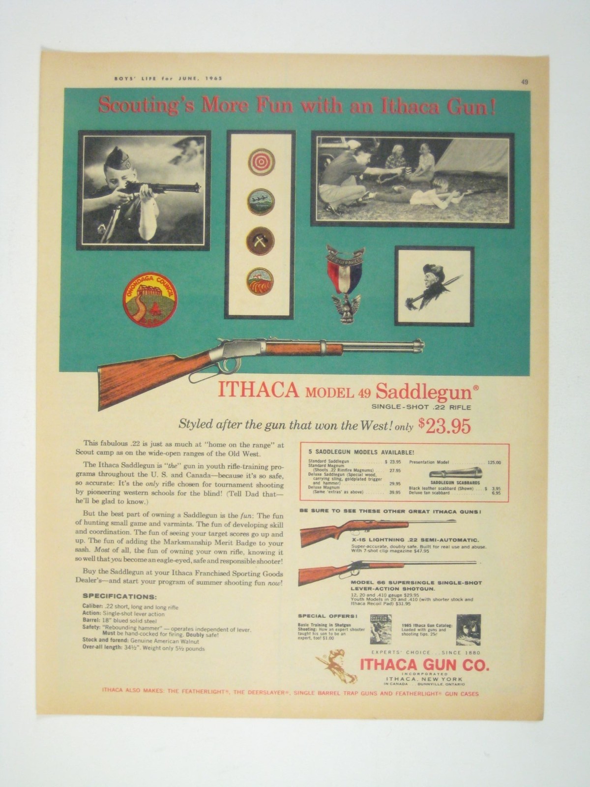 Ithaca Model 49 Saddlegun 1965 Vintage Print Ad