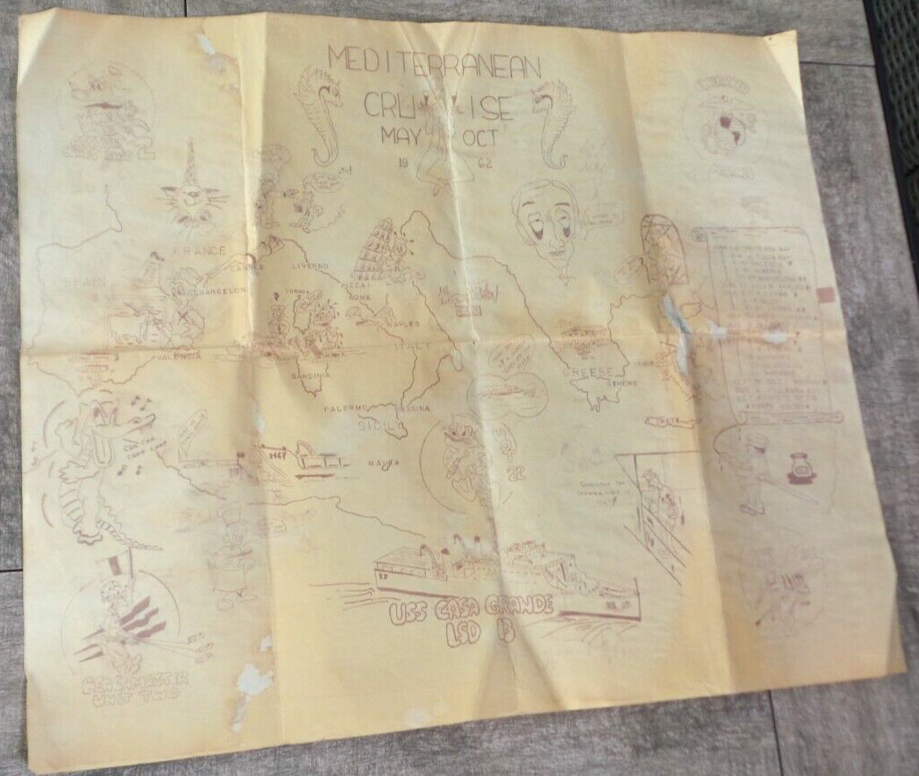 USS Casa Grande LSD13 1962 Mediterranean Cruise May-Oct 1962 Map VERY RARE 24x20 USS Casa Grande LSD13 1962 Mediterranean Cruise May-Oct 1962 Map VERY RARE 24x20