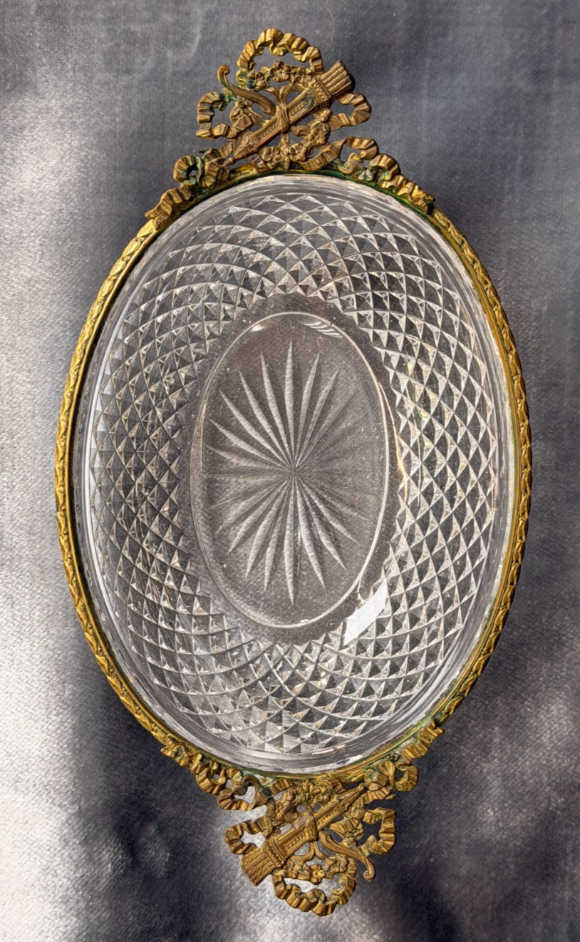 Antique Ornate Brass-Framed Cut/Pressed Glass Vanity Pin Dish