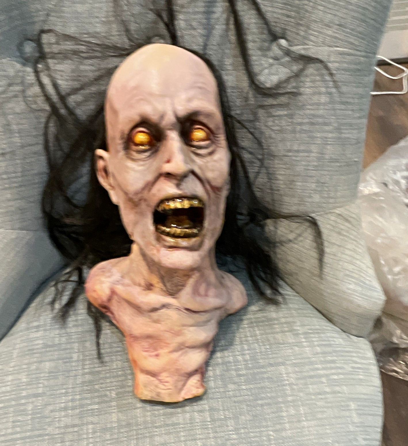 Zombie Halloween Prop Head Bust w/ Long Black Hair Foam Fabric Beige/Black