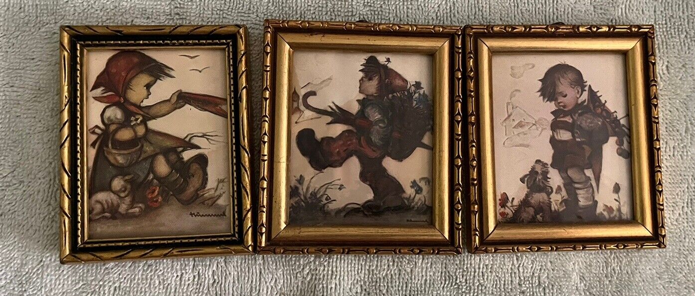 3-Small Vtg Hummel Pictures In Gold Frames 3 X 3.5  Inch West Germany