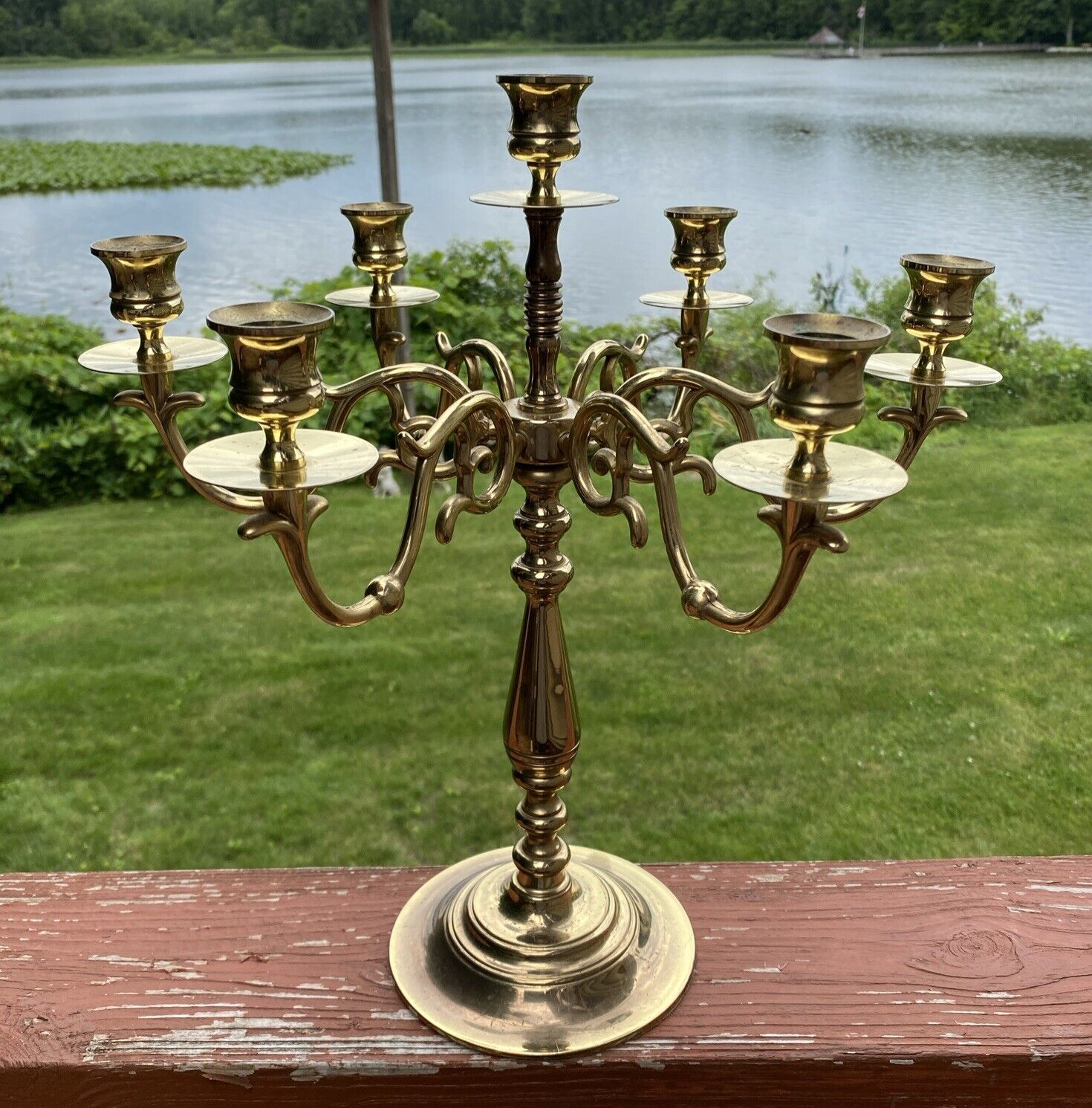 Vintage Baldwin Forged In America Solid Brass 7 Candle 6-arm Candelabra 16” LN