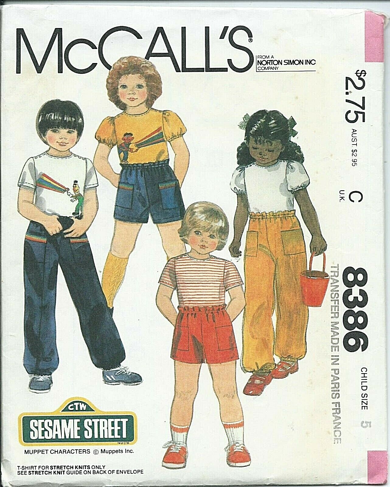 M 8386 sewing pattern T-SHIRT PANTS SHORTS sew Sesame BERT ERNIE uncut Transfers