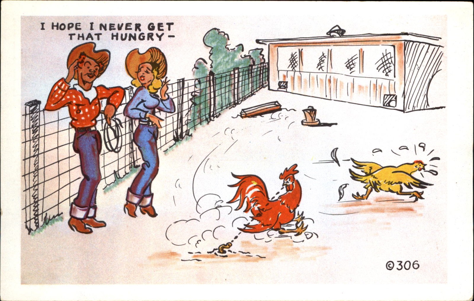 Cowboy Cowgirl Western sex comic ~ Rooster stops chasing chicken for food