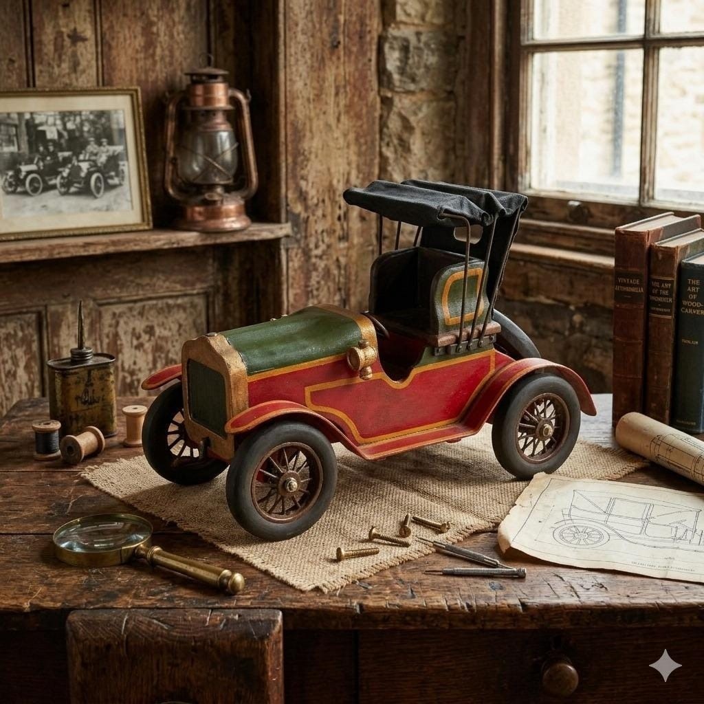 Vintage Wooden Model Car Antique Style Hand Painted Decor Red Green Gold 15 Inch Vintage Wooden Model Car Antique Style Hand Painted Decor Red Green Gold 15 Inch