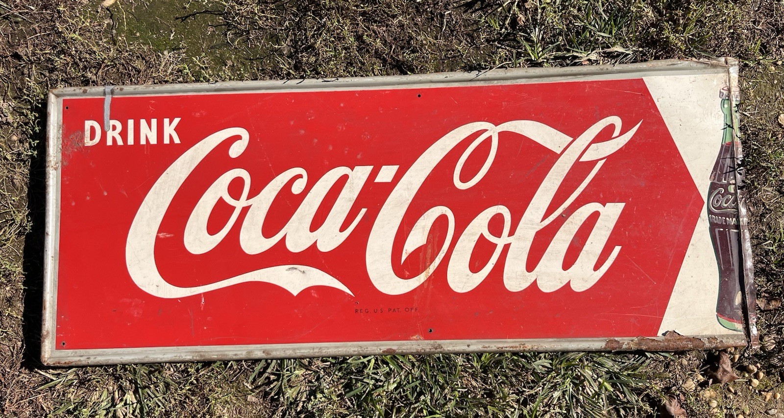 Vintage 1950s Coca Cola Metal Soda Advertising Sign With Bottle 