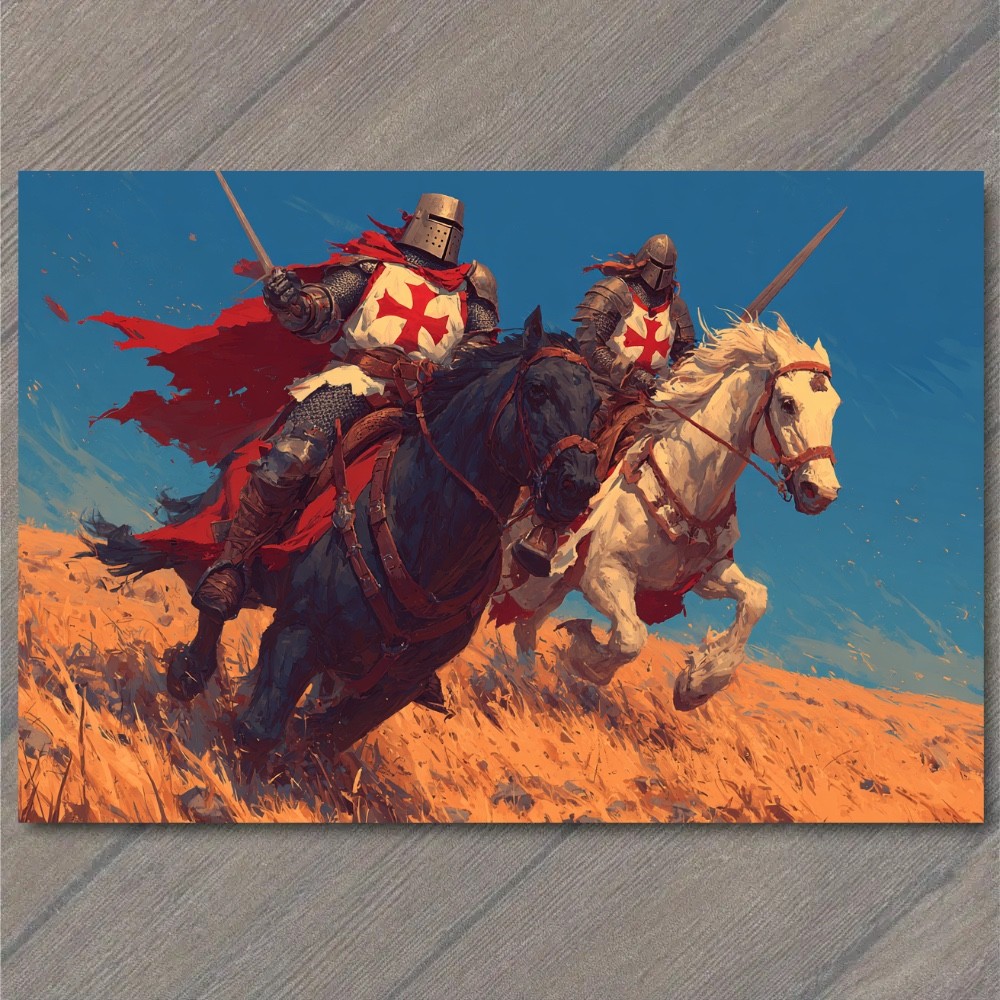 POSTCARD Crusader Knights Horseback Battle Charge Medieval Templar Riders