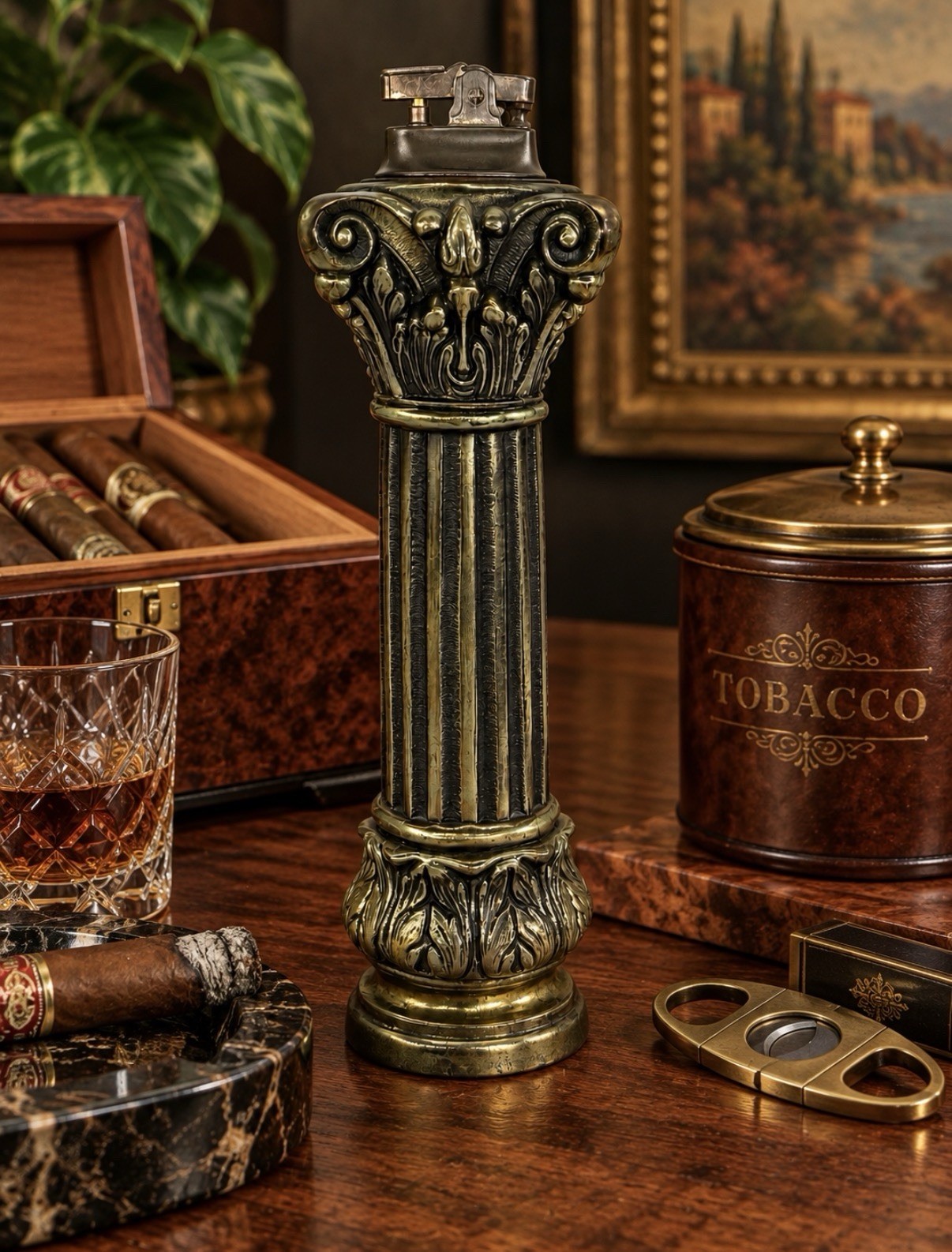 Vintage 9.5” Japanese Ornate Neoclassical Column Table Lighter Cast Metal