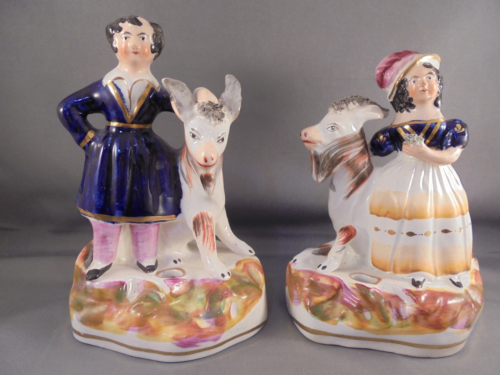 Pair Antique 19th C Staffordshire Pottery Royal Children w Goats Inkwells