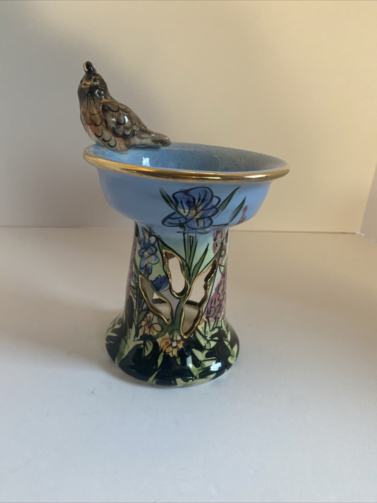 Vintage Heather Goldminc ROBINS SONG Tealight Wax Warmer Birdbath Blue Sky 2002