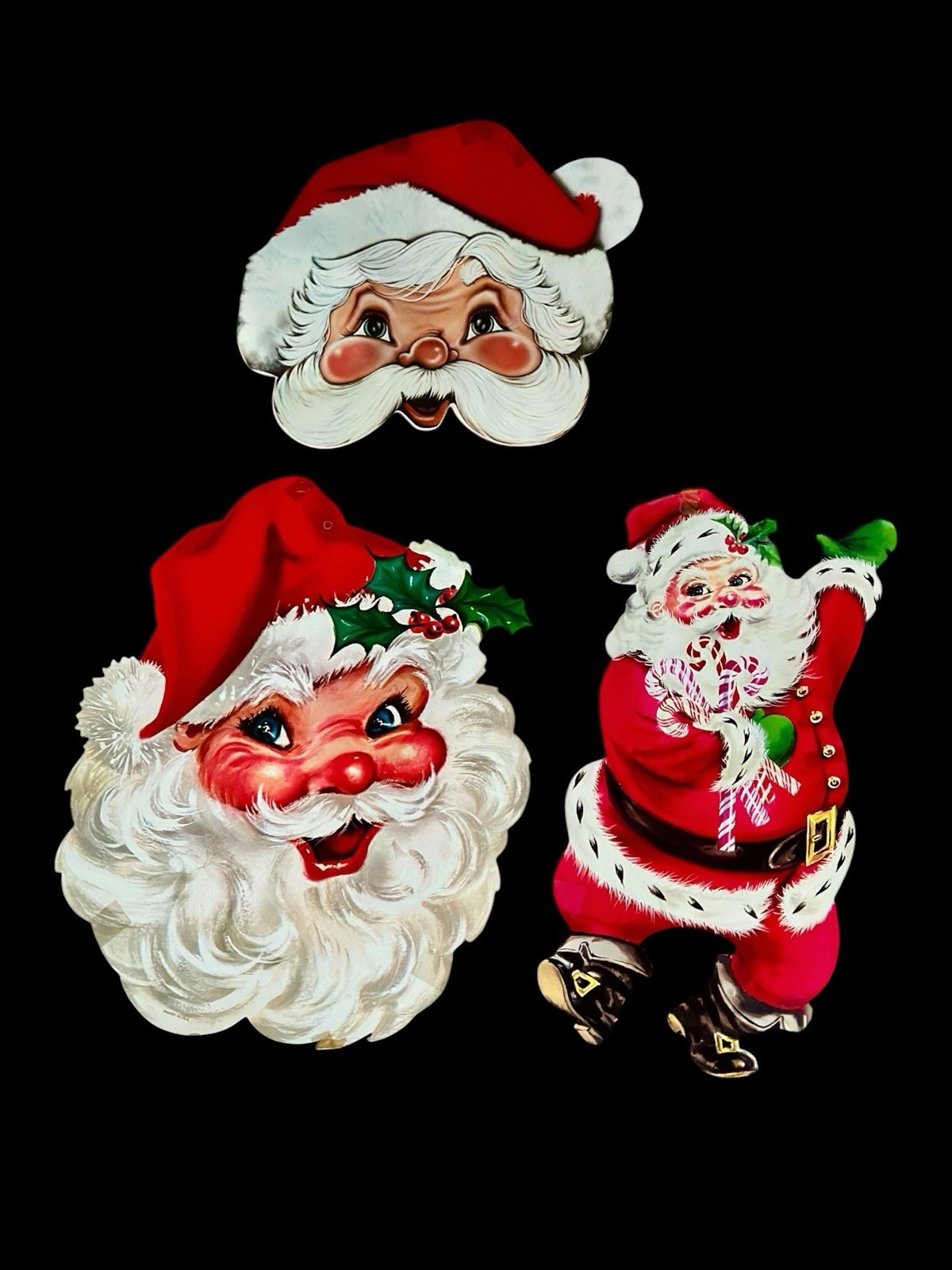3 Vintage Santa USA Die-Cut Cardstock Christmas Decorations Wall Hangings