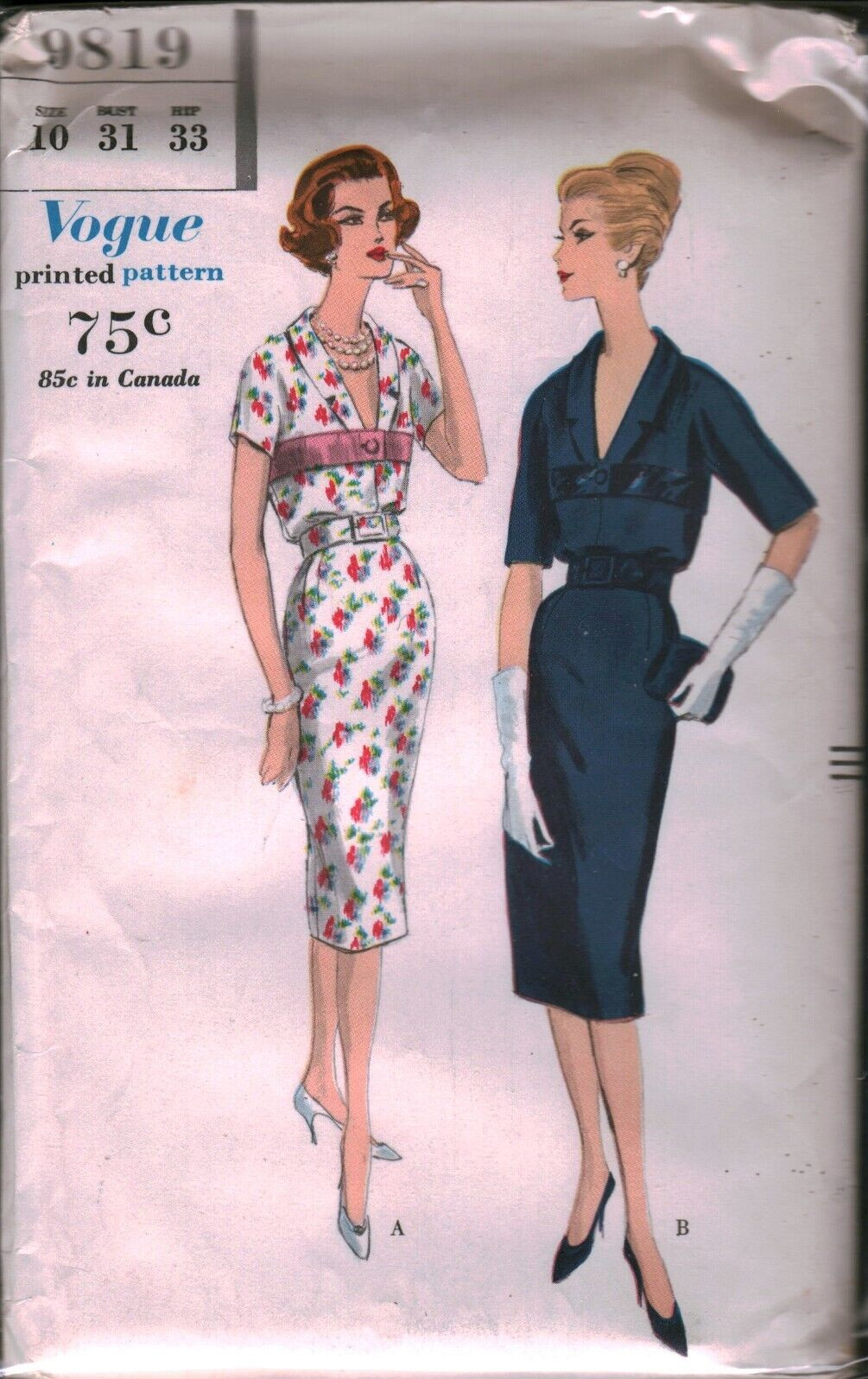 9819 Vintage Vogue Sewing Pattern Misses 1960s One Piece Dress Slim Skirt 10