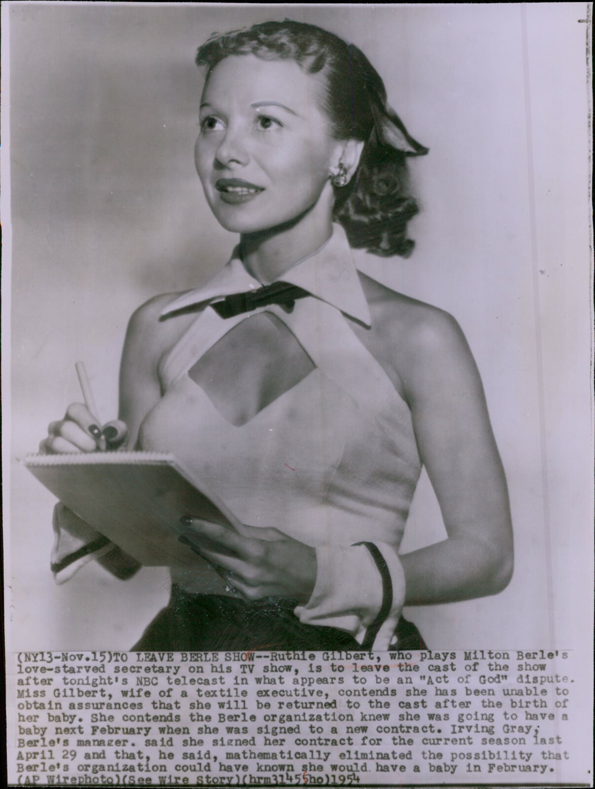LG793 1954 Wire Photo RUTHIE GILBERT Beautiful TV Actress Gorgeous Retro Starlet