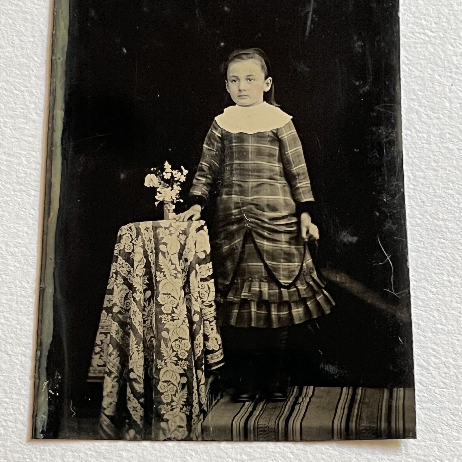 Antique Tintype Photograph Adorable Little Girl Plaid Dress Table Flowers