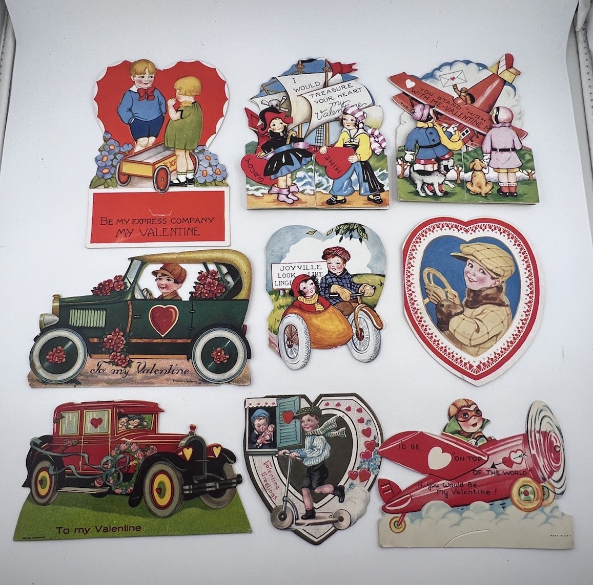 Vintage Valentine\'s Day Cards - Germany & USA - Car, Scooter, Plane, Boat Themes