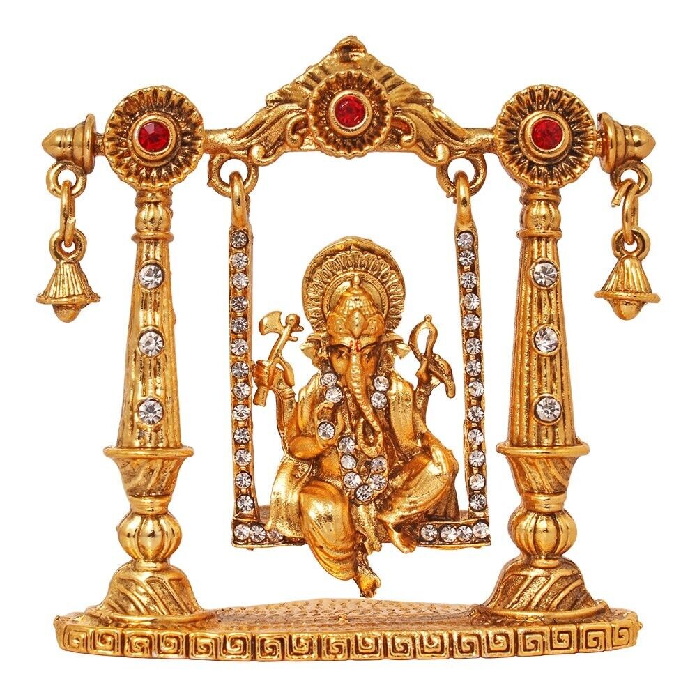Ganesha Murti Mini Brass Dashboard Statue Figurine in Swing/Divine Elephant God 