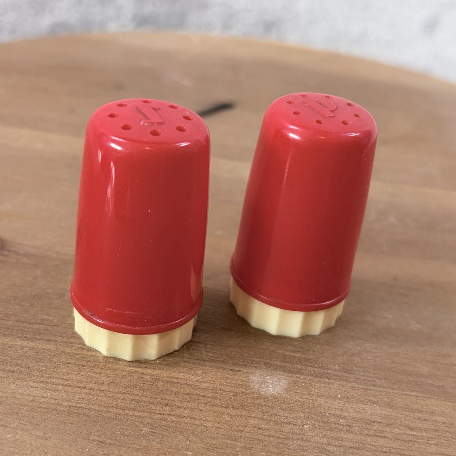 Vintage Red Plastic Mini Salt Pepper Shakers 2\