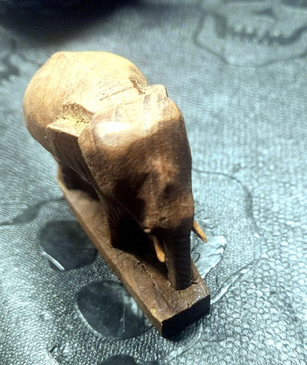 Vintage Hand Carved Wood Elephant Figurine on Base Small Teak Style Statue