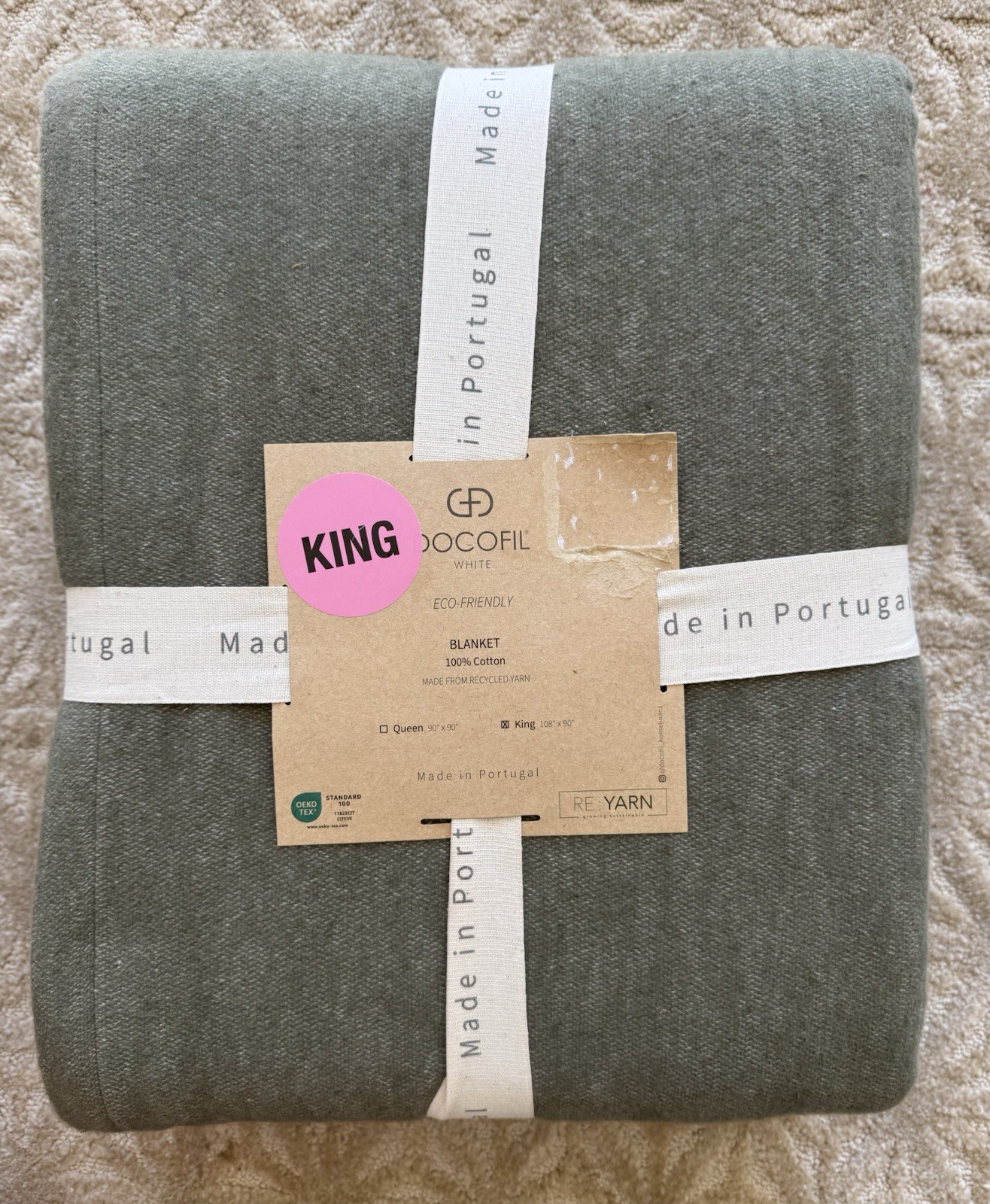 NWT Docofil Portugal 100% Felted Cotton Blanket King Olive Green Cashmere Soft