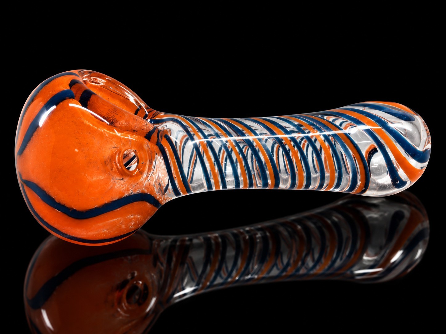 Orange Blue Glass Tobacco Hand Pipe Clear Spiral Stripe Art Design