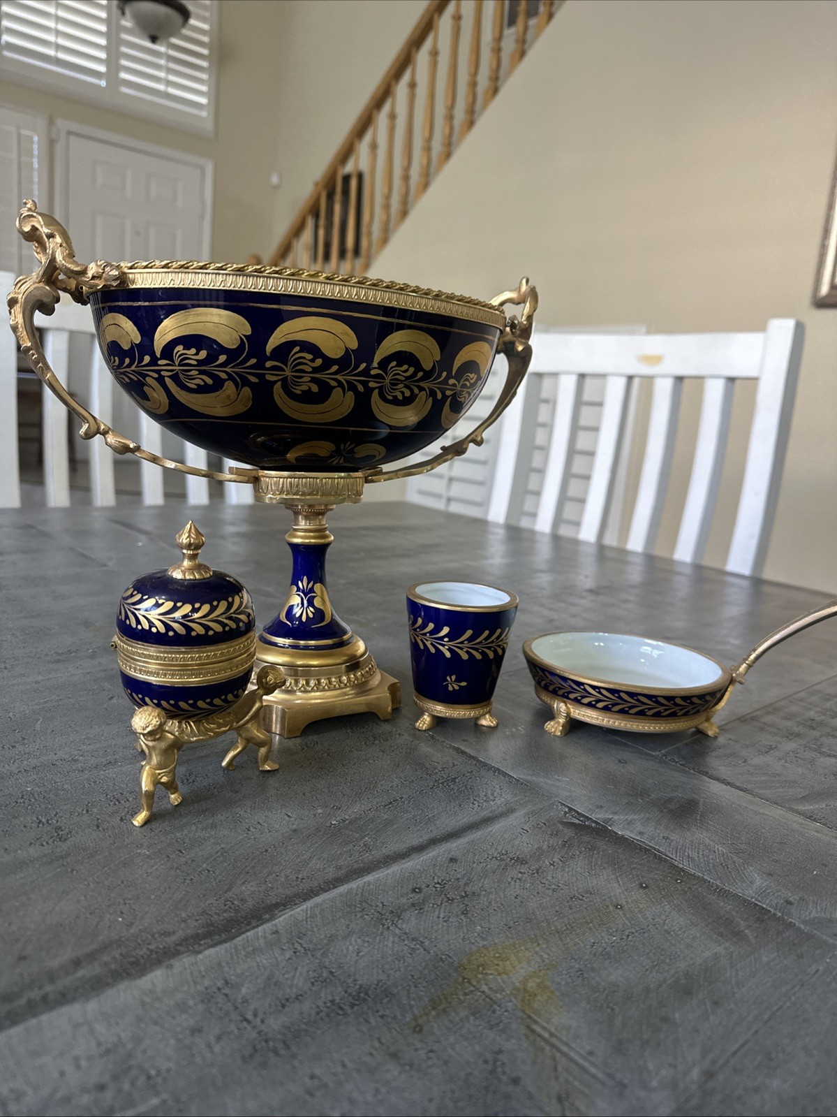 RARE Antique 4 Set French Cobalt-Blue/Gold Porcelain Centerpiece/Lighter/DishCup