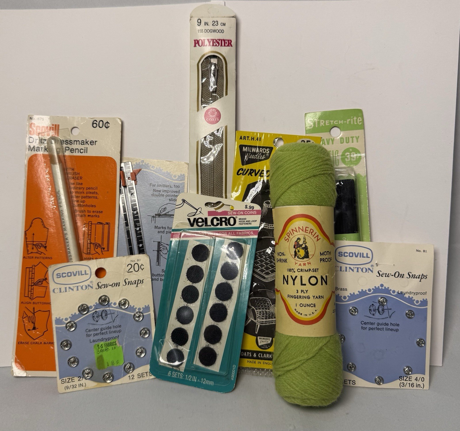 Vintage Sewing Supplies - Zipper, Pencil, Yarn, Velcro, Snaps, Elastic