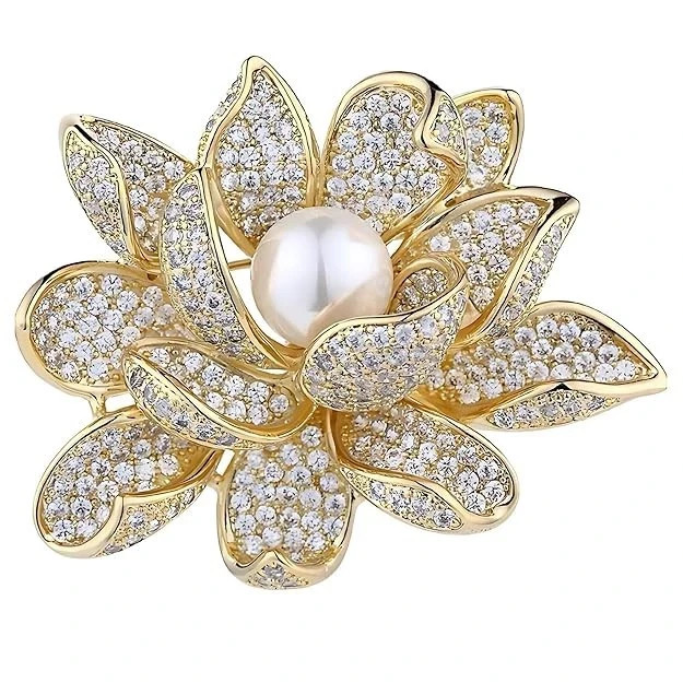 10K Yellow Gold Over Diamond And Pearl Studded Flower Brooch Pin For Mens/Womens
