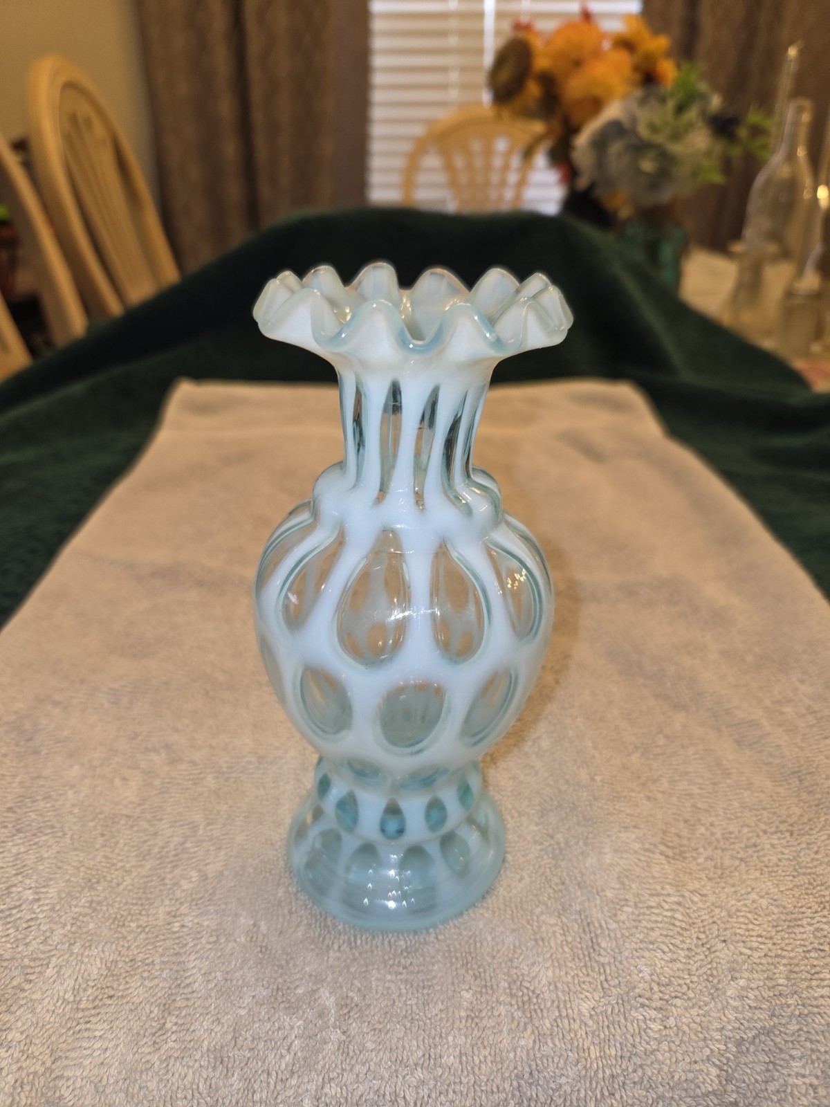 FENTON GLASS Coin Dot Opalescent Baby Blue Vase 6.5” Ruffled Top