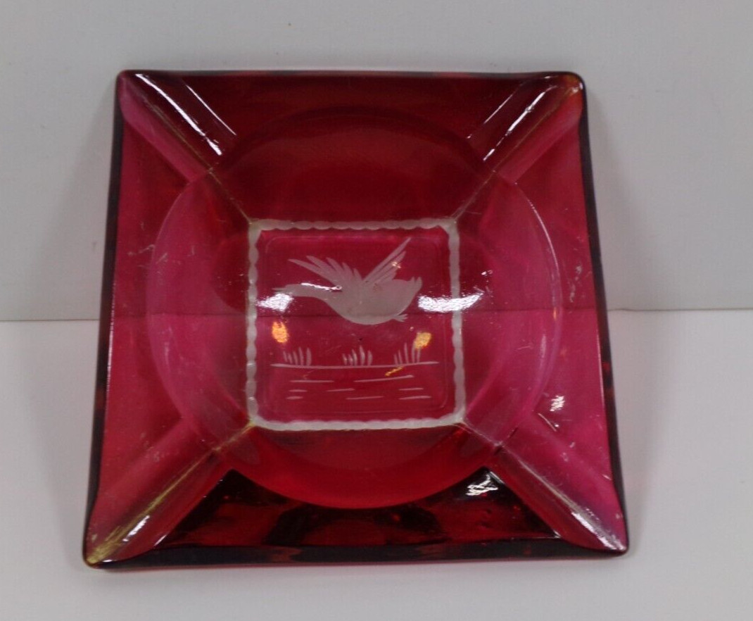 Vintage Heavy Ashtray RUBY RED THICK GLASS 6\