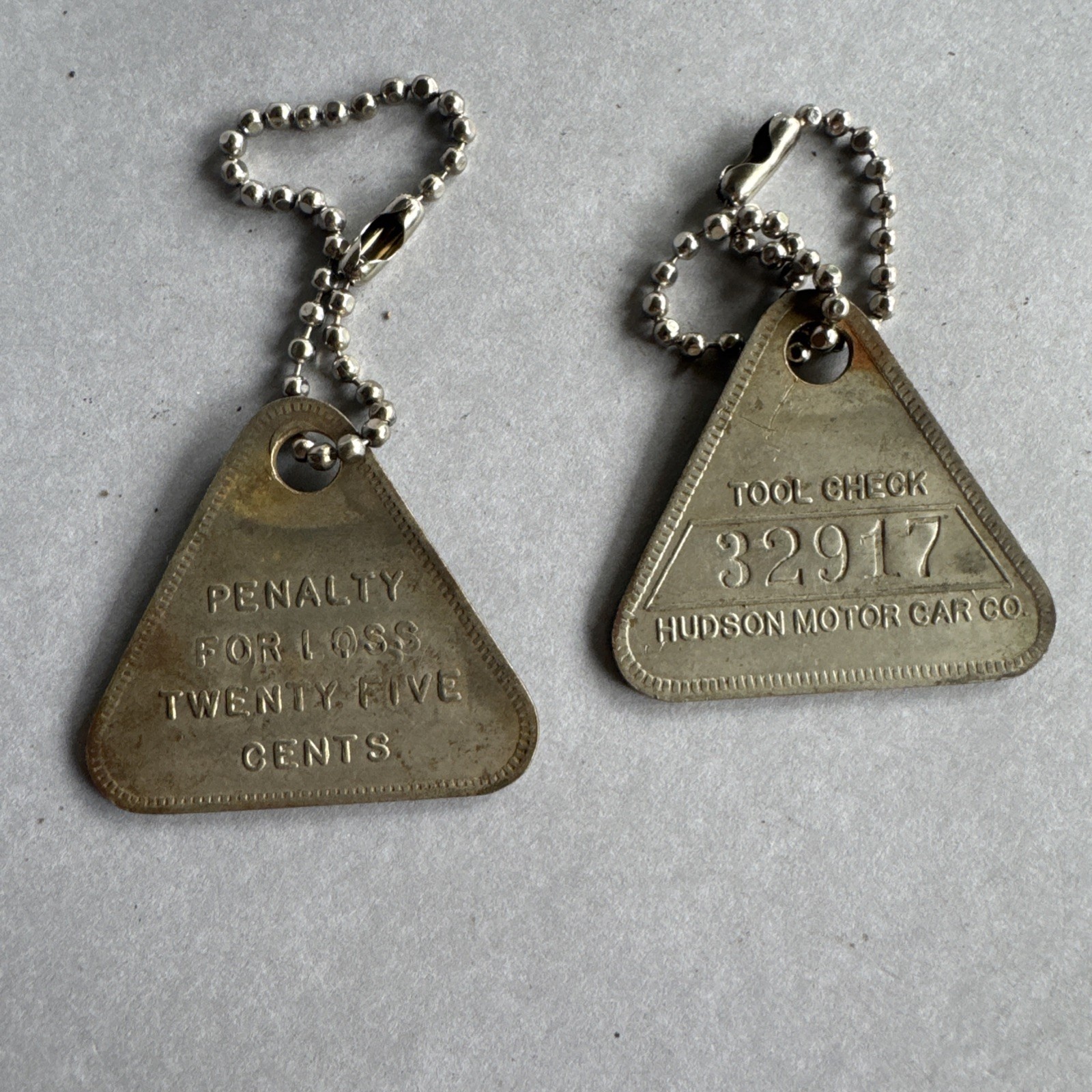 Vtg HUDSON MOTOR CAR CO Tool Check Tags Keychains Penalty For Losing .25
