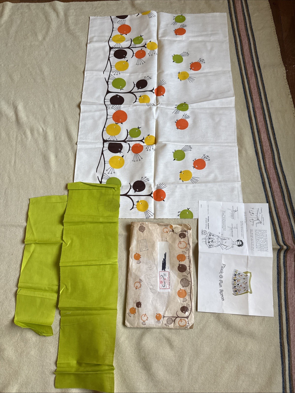 Vtg Complete DIY Apron Kit ~ Bird Motif Fabric Circa 1969 ~ Midcentury Craft