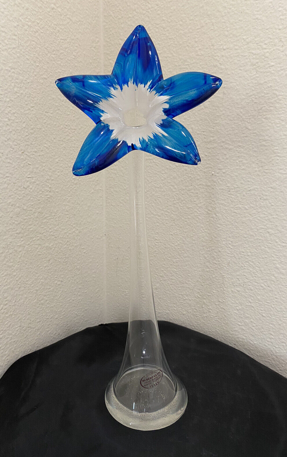 Italian Art Glass Vase Blue Flower Murero Glass Italy Tall 16 Inch Stretched VTG