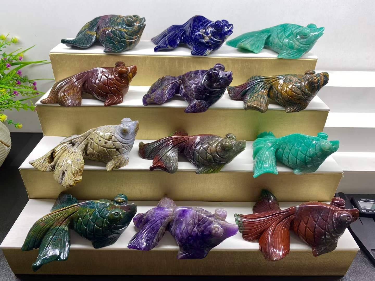 1pc Natural Ocean Jasper Quartz Carved Goldfish Skull Crystal Reiki Decor