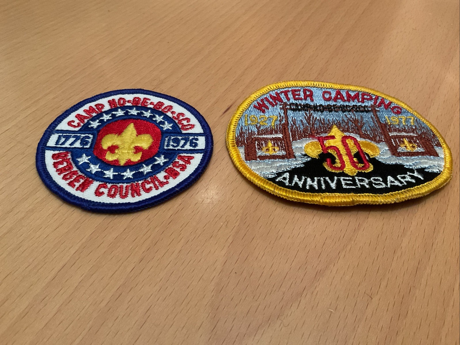 2 - Vintage 1976 1977 CAMP NO-BE-BO-SCO Boy Scout PATCH Bergen Council BSA NJ