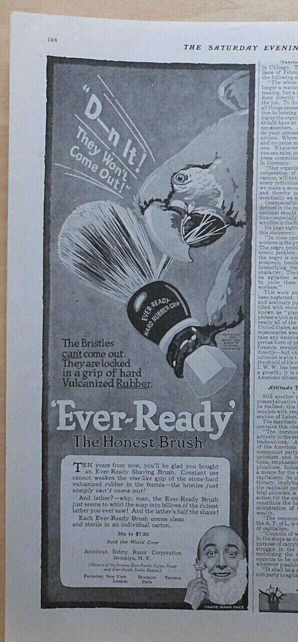 1920 magazine ad for Ever-Ready shaving brush - Parrot attacks brush to no avail