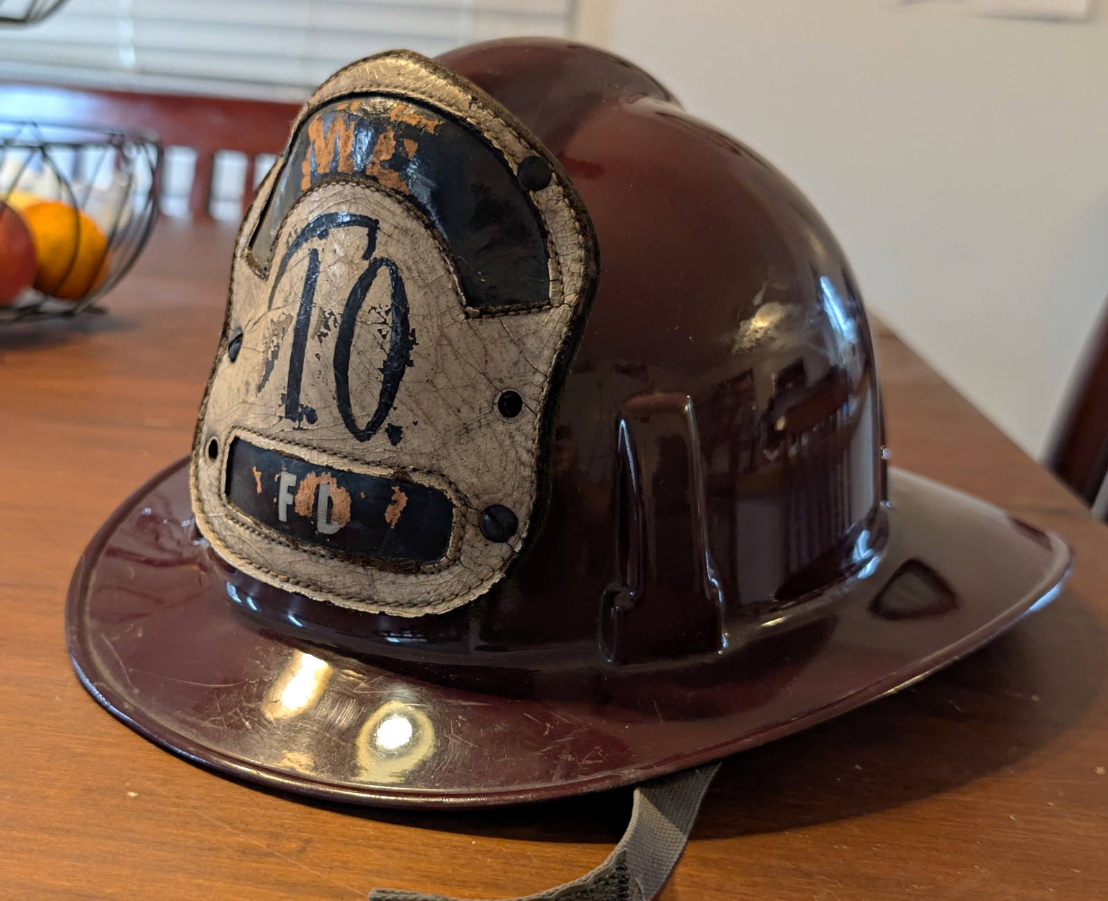 Vintage MSA Topgaurd Burgundy Firefighter Helmet w/ Leather Front Shield 1960/70