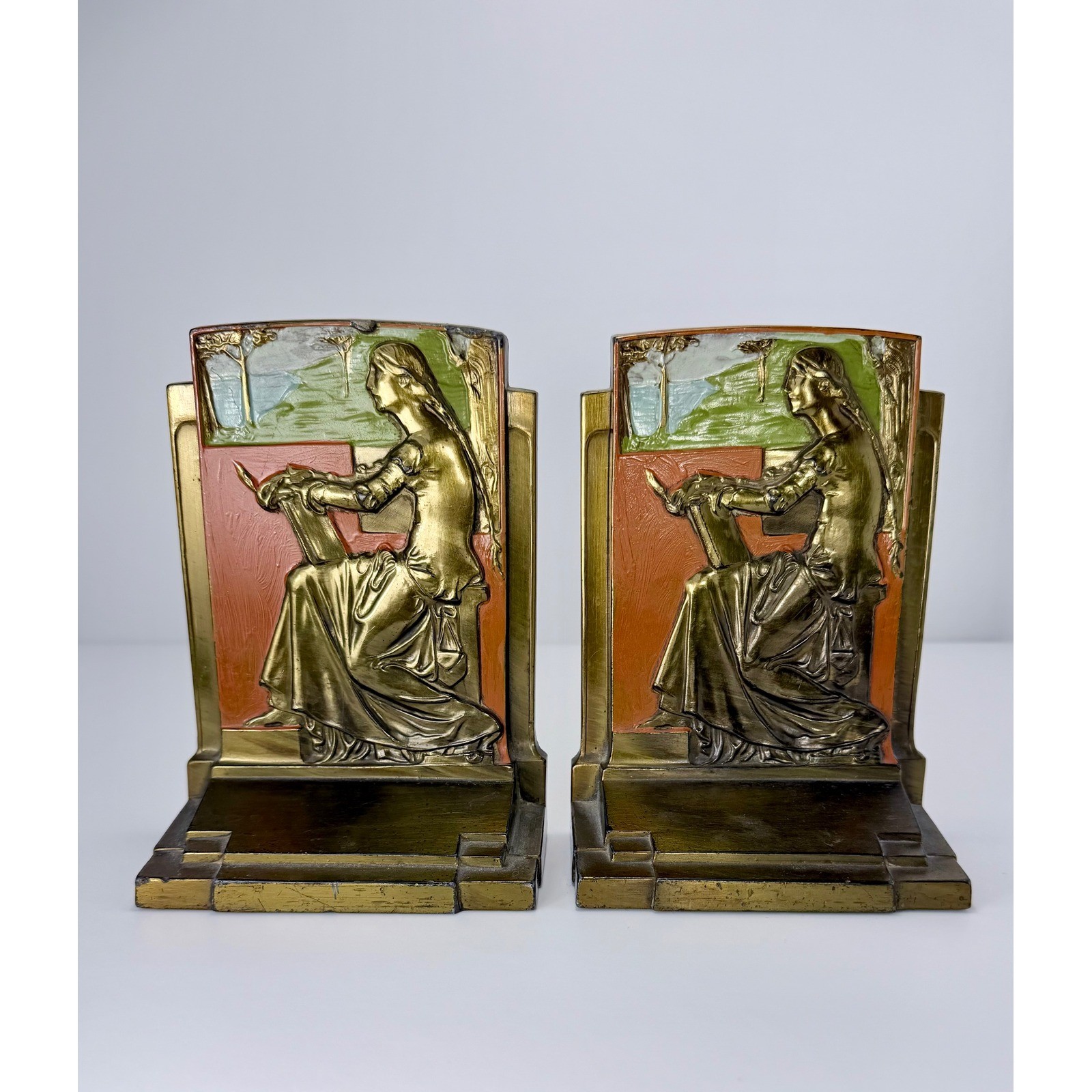 Antique 1925 Pompeian Bronze Co Meditation Bookends Art Deco Polychrome Pair Antique 1925 Pompeian Bronze Co Meditation Bookends Art Deco Polychrome Pair