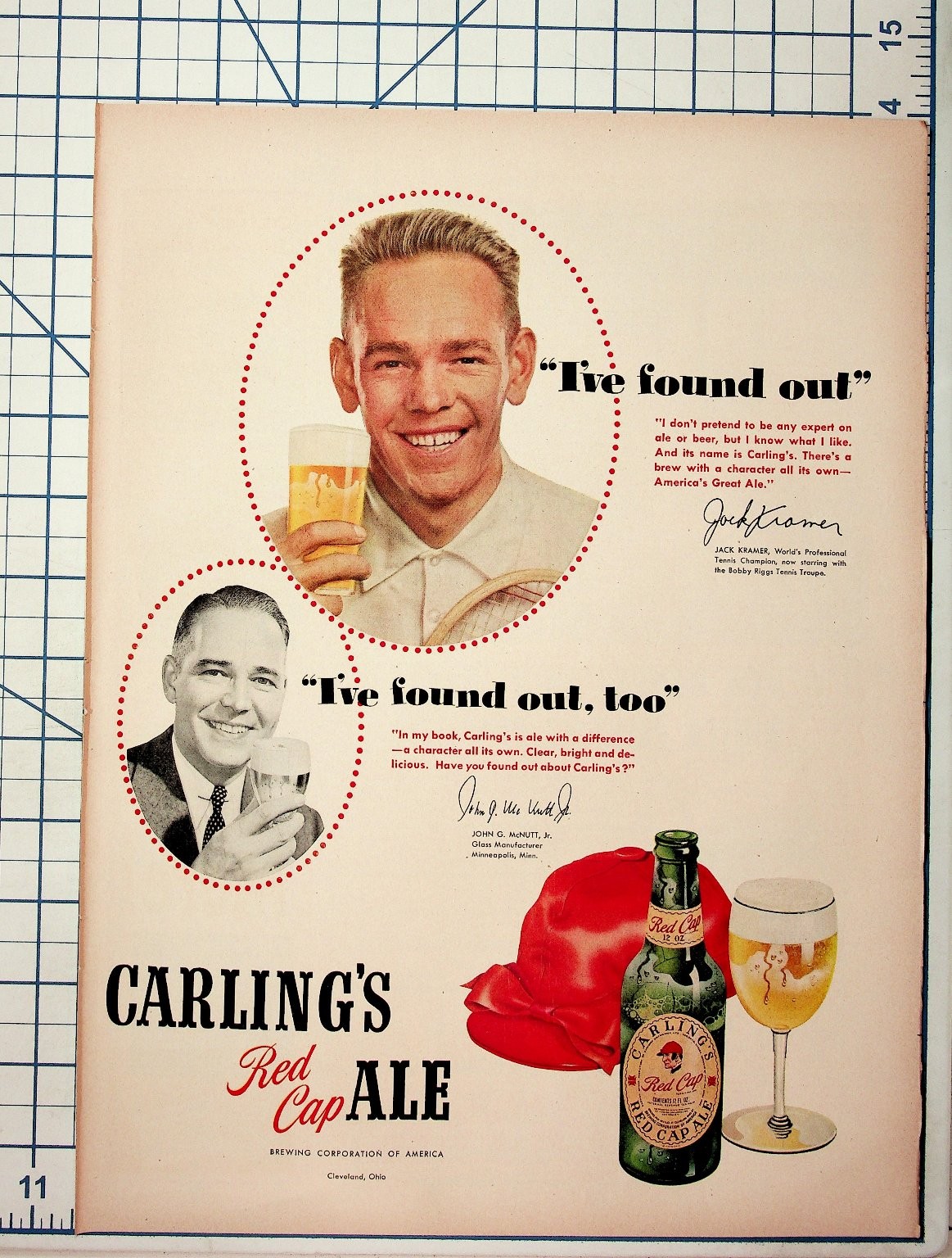 Vintage Carling\'s Red Cap Ale Ad Jack Kramer Tennis Champion Ephemera